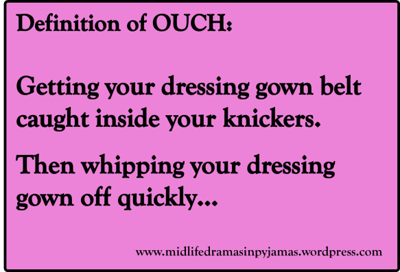 A funny MEME about the true meaning of the word OUCH, from humour blogger Midlife Dramas in Pyjamas